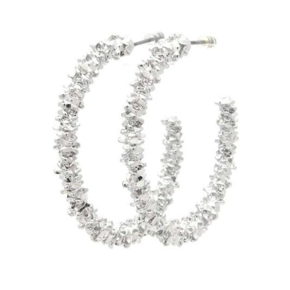 Textured Open Hoop Earrings - Silver